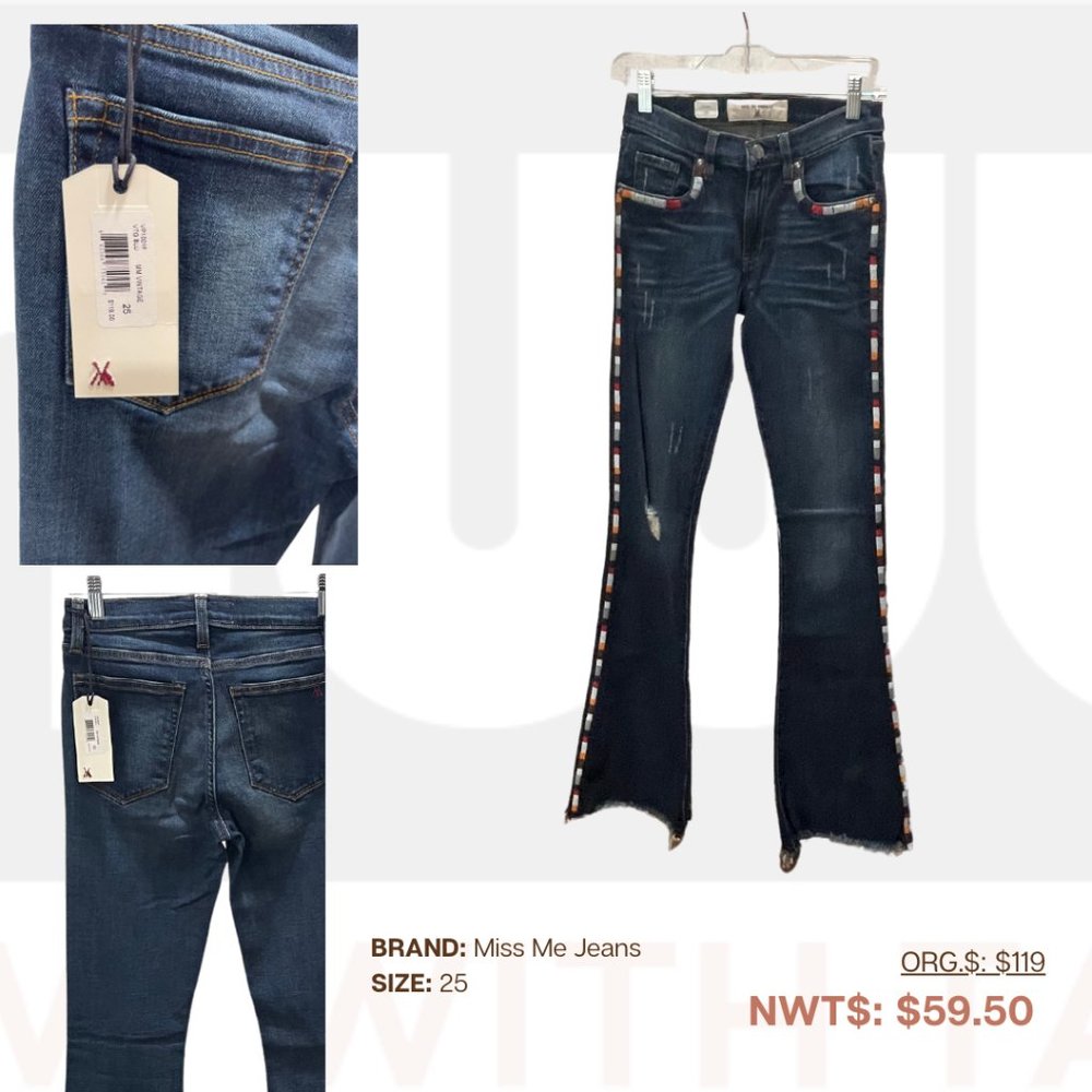 Miss Me Vintage, Flare Leg Jeans with Boho Trim, 25, NWT